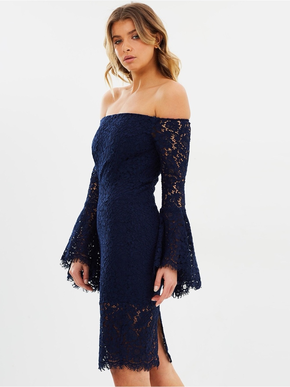 Bardot Whimsigoth Navy Lace Bell Sleeve Midi Dress Off Shoulder Feminine Witchy